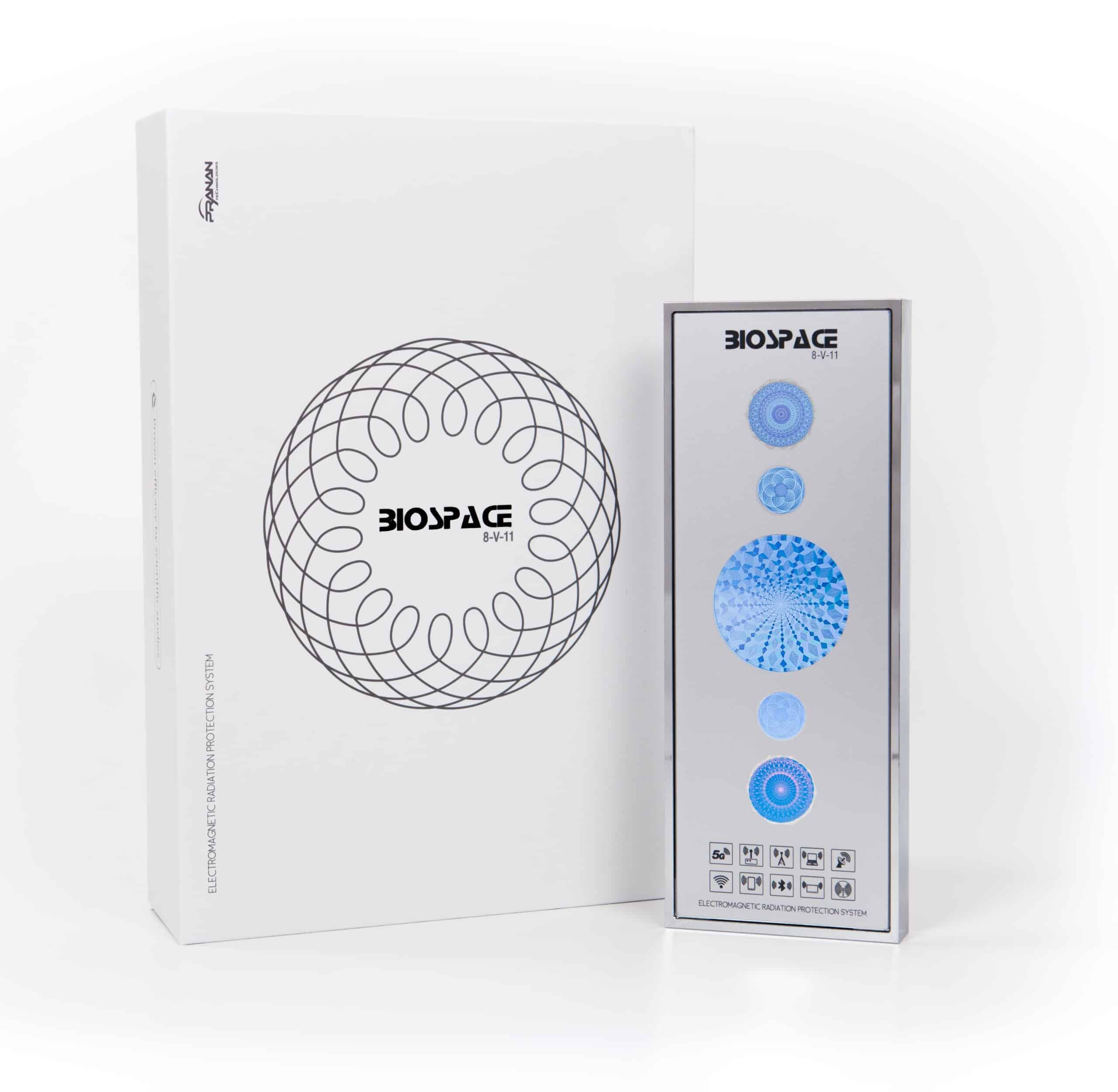 BioSpace 8V11 Diamond device shown with sleek silver housing, displaying blue light indicators. The product is packaged in a simple white box featuring a circular design and the brand name 'BioSpace' prominently on the front.