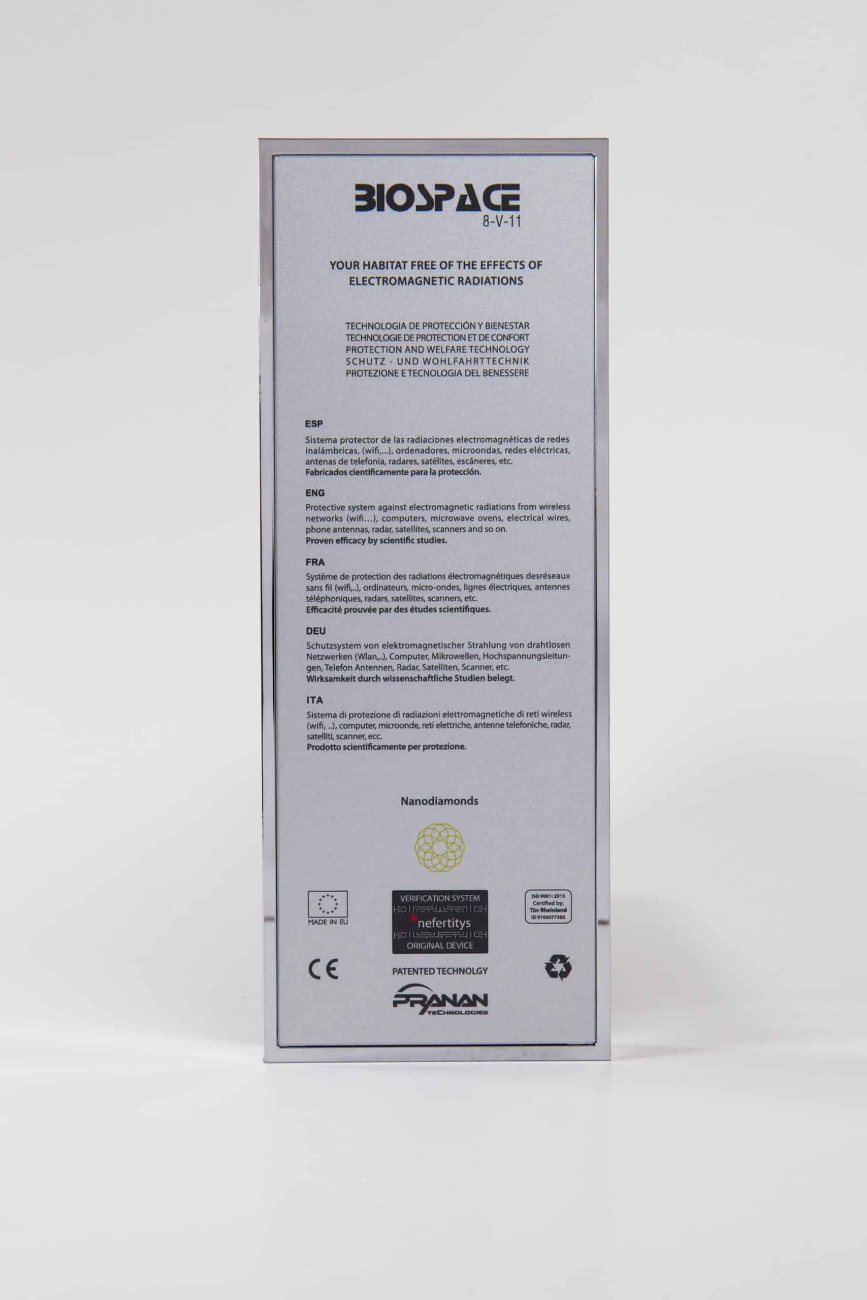 BioSpace 8V11 Diamond, shown on a white background. The product features a sleek design with a predominantly silver back, displaying information on electromagnetic radiation and its effects, along with various certifications.
