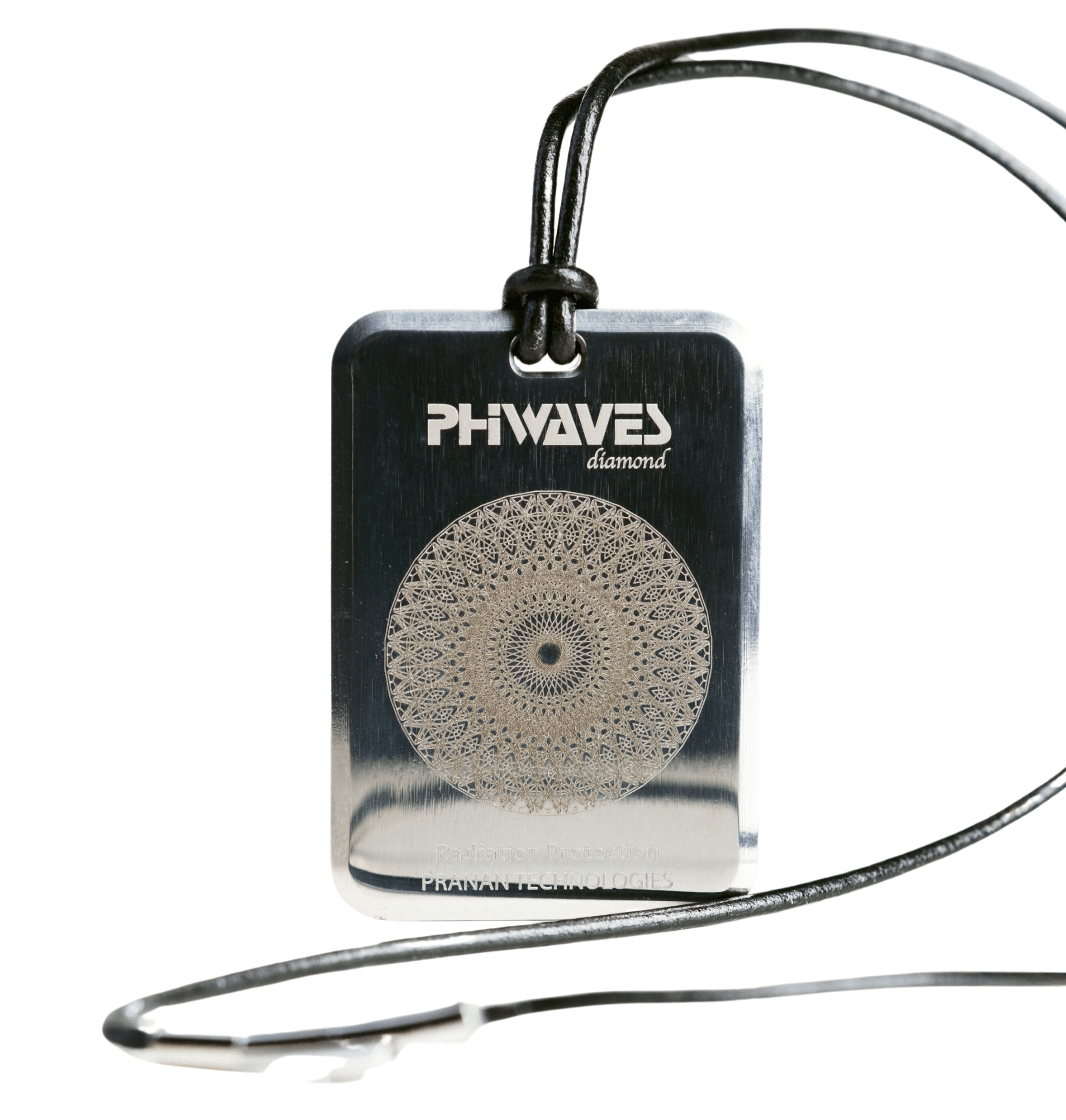 PhiWaves Pendant Diamond is a rectangular pendant featuring a detailed circular design in a silver finish. The pendant is suspended on a black leather cord, making it suitable for various styles.