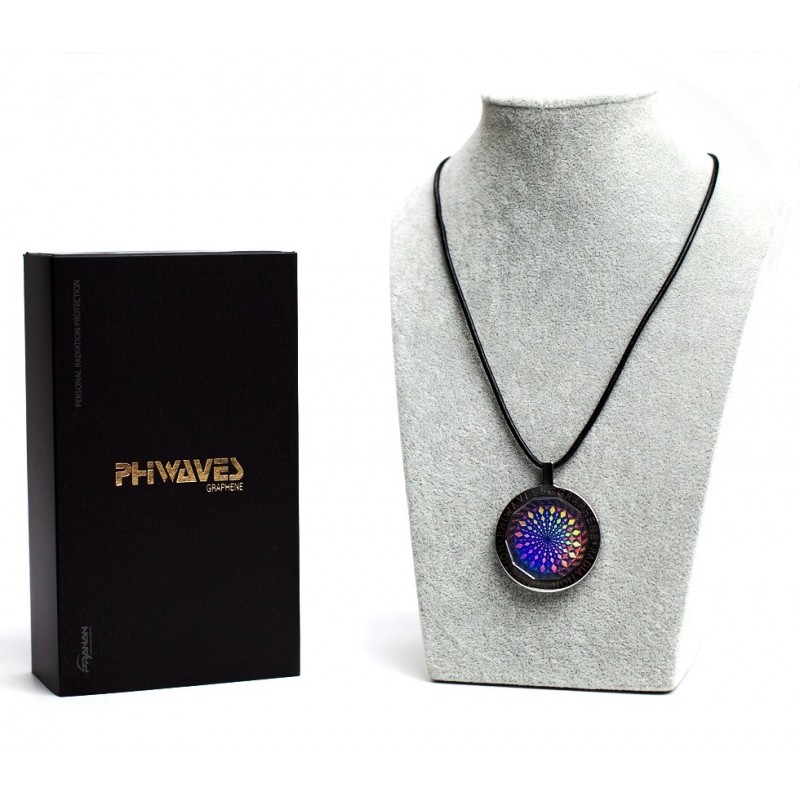 PhiWaves Jewel Diamond pendant, featuring a circular design with a colorful, reflective surface, displayed on a black cord necklace. A sleek black box with gold logo is shown beside it.