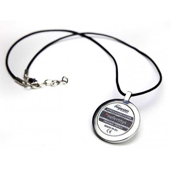 PhiWaves Jewel Diamond necklace featuring a round pendant on a black cord, designed with a silver-tone edge and a printed label indicating product details. The adjustable closure allows for a customized fit.