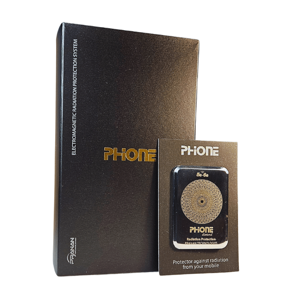 PhiOne Mobile Device Diamond radiation protection device, featuring a circular design with a decorative element. The product is displayed in a black box with gold lettering, emphasizing its role in reducing radiation exposure from mobile phones.
