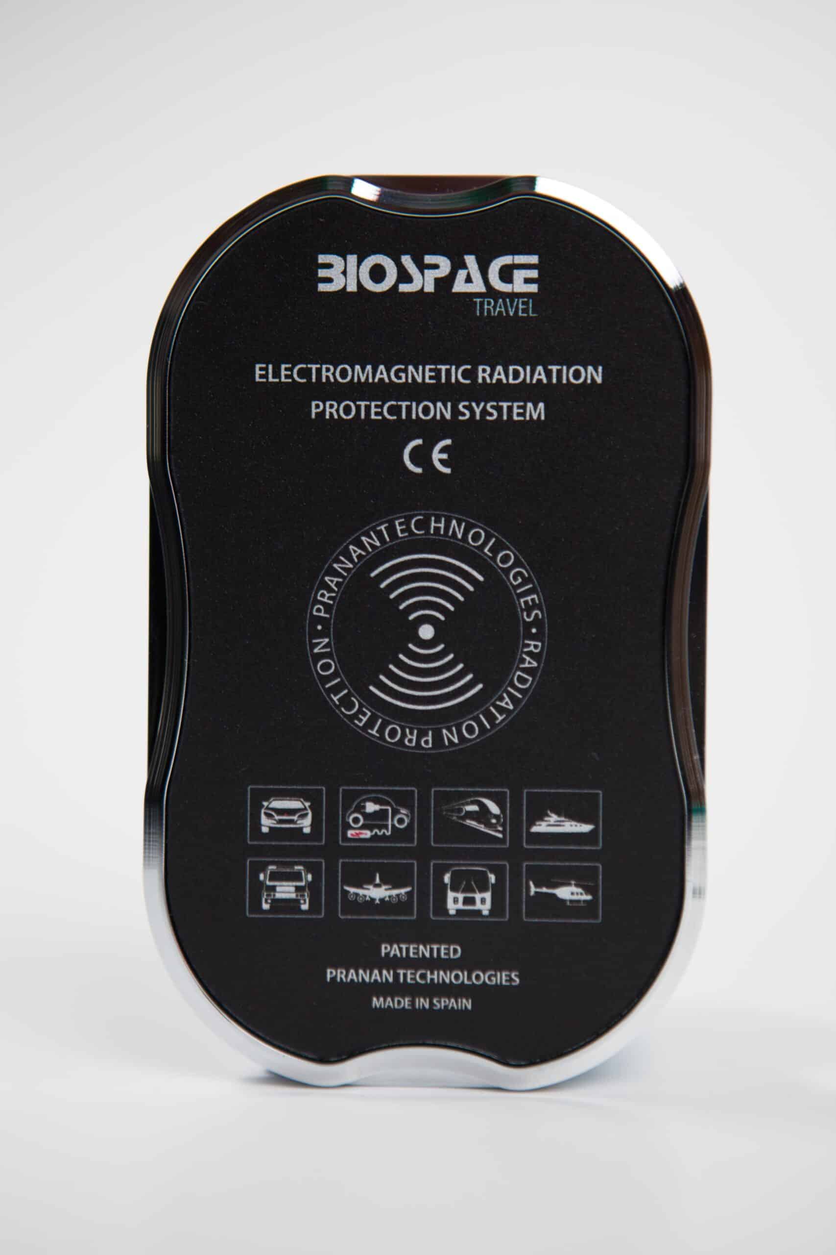 BioSpace Travel Diamond is a patented electromagnetic radiation protection system made by Prana Technologies, featuring a sleek black and silver design with a CE mark, suitable for travel use.