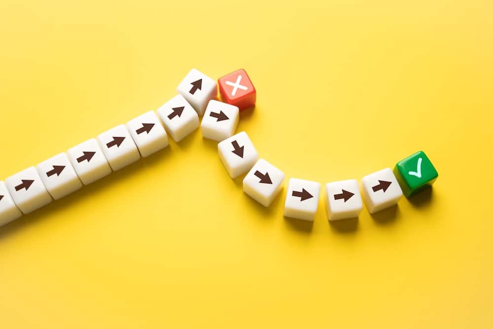 A line of white blocks with arrows points to the right, with a red block marked 'X' and a green block marked '✓' positioned below, all set against a yellow background.