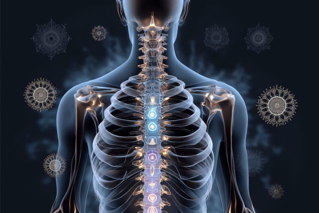 An anatomical illustration showing a human spine and ribcage with a glowing representation of chakras aligned along the spine. The background is dark, highlighting the spine and surrounding intricate circular designs.