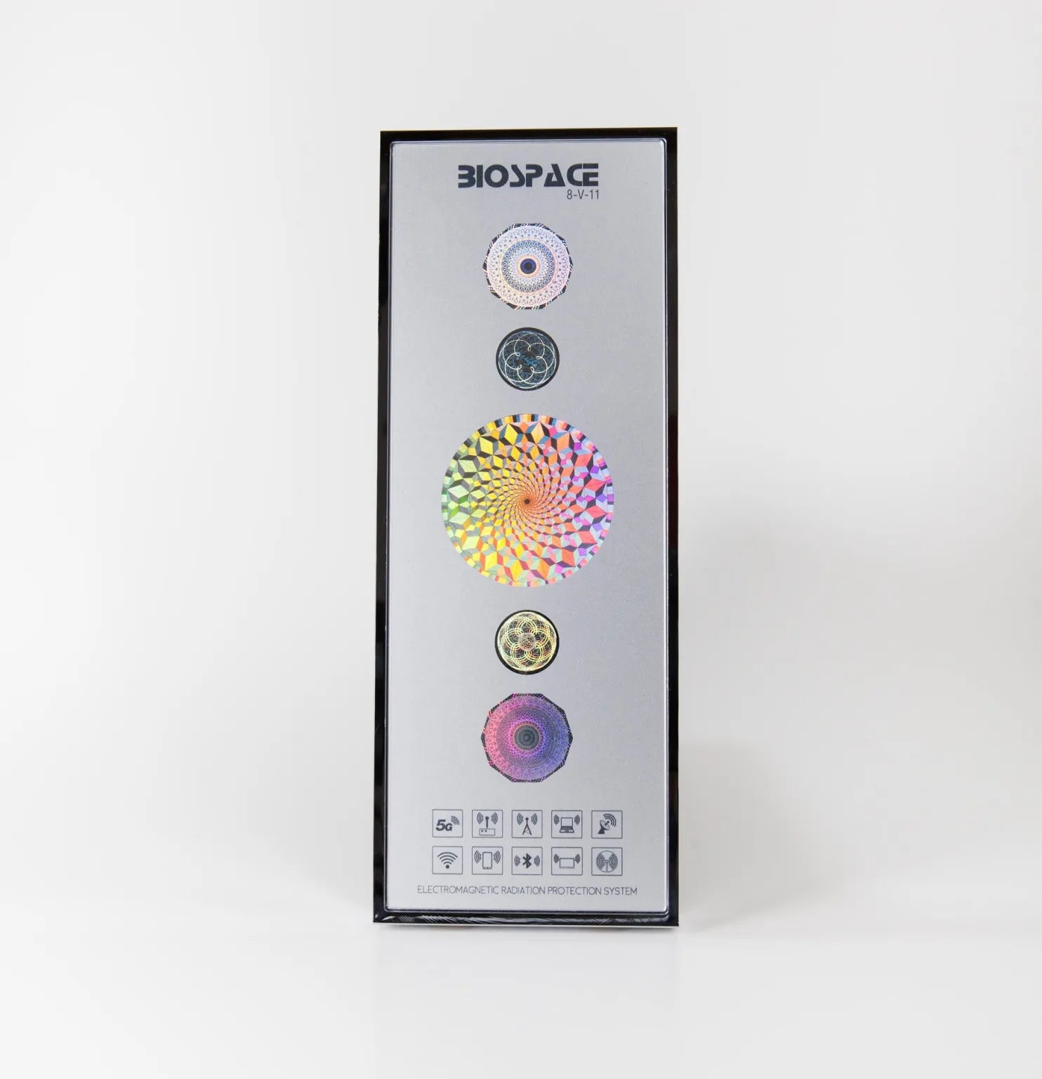 BioSpace 8V11 Diamond is packaged in a rectangular box featuring a metallic silver design. The front showcases colorful images of spirals and circular shapes, highlighting its advanced electronic protection system.