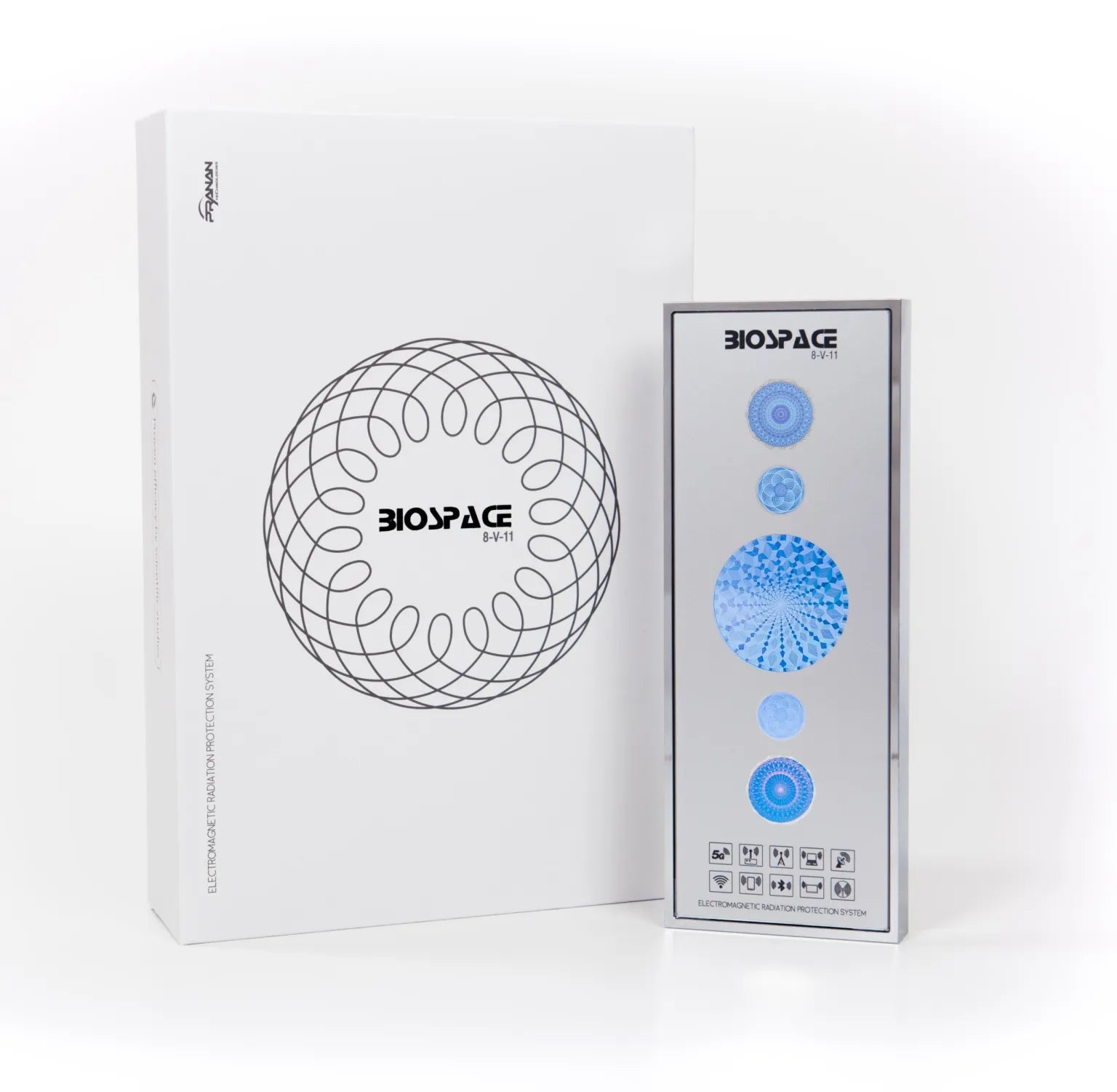 BioSpace 8V11 Diamond device in a silver casing, displayed beside its packaging featuring a circular design in black on a white box. The device includes blue LED lights and a user interface with circular icons.