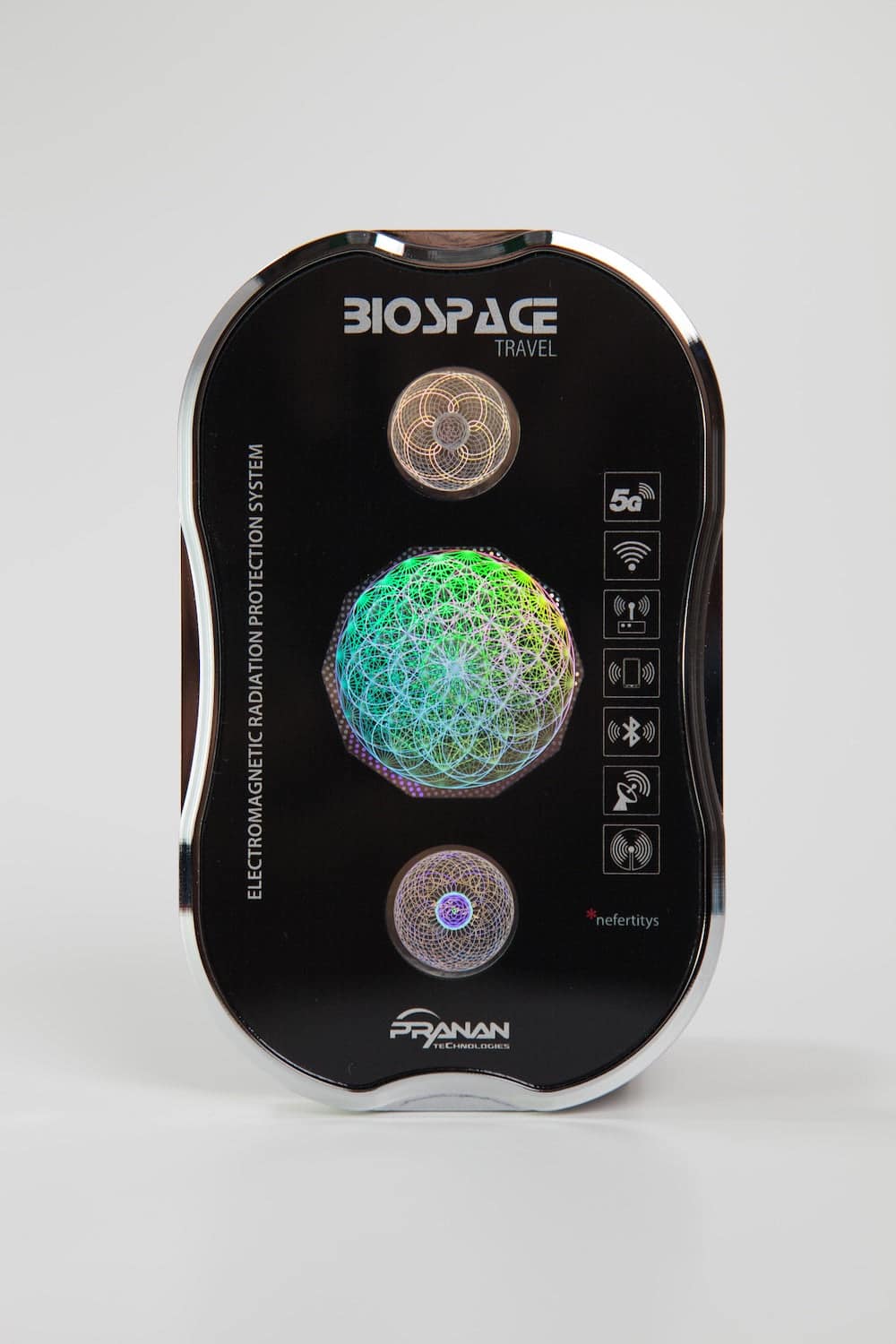 BioSpace Travel Diamond electromagnetic radiation protection system with a sleek black and silver design, featuring multi-colored graphic elements. The system includes various icons indicating features, with visible circular elements at the top and bottom.