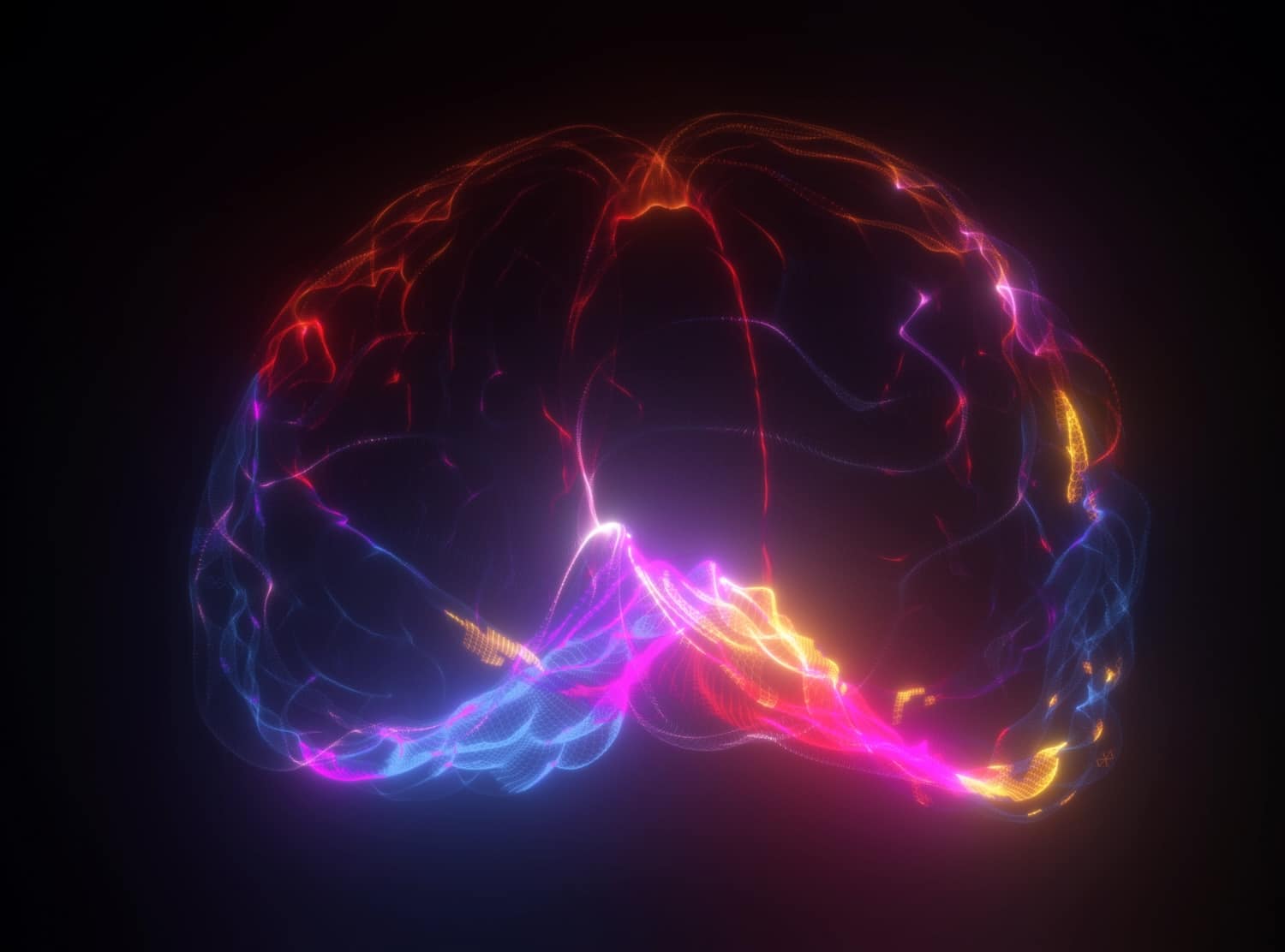 An artistic representation of a human brain depicted with vibrant colors including red, pink, and yellow against a dark background. The image features flowing, interconnected lines that suggest electrical activity within the brain.