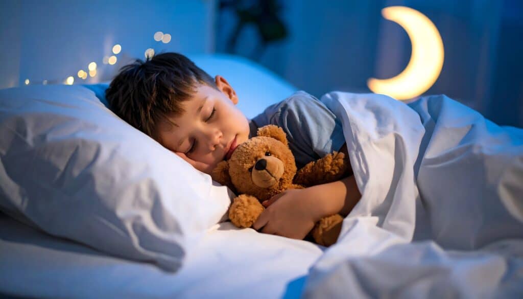 A young boy sleeping peacefully in bed, holding a teddy bear. He is covered with white sheets, and a bedside lamp shaped like a crescent moon emits a soft glow in a dimly lit room.