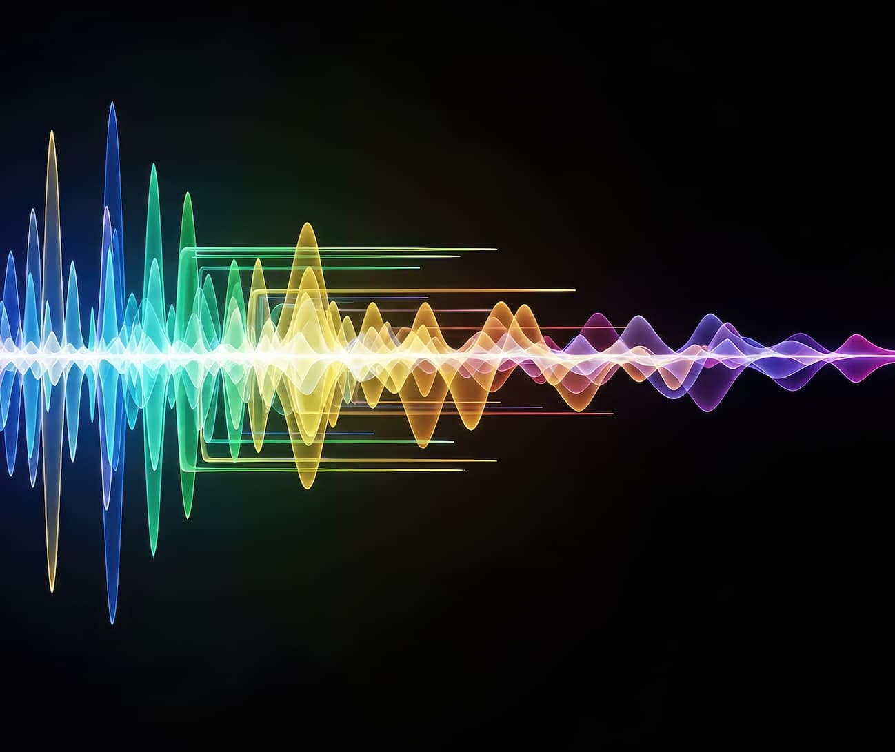 An abstract representation of sound waves depicted as colorful, flowing lines against a black background. The waves display a gradient of colors, transitioning from blue to green, yellow, orange, and pink, creating a visually dynamic effect.