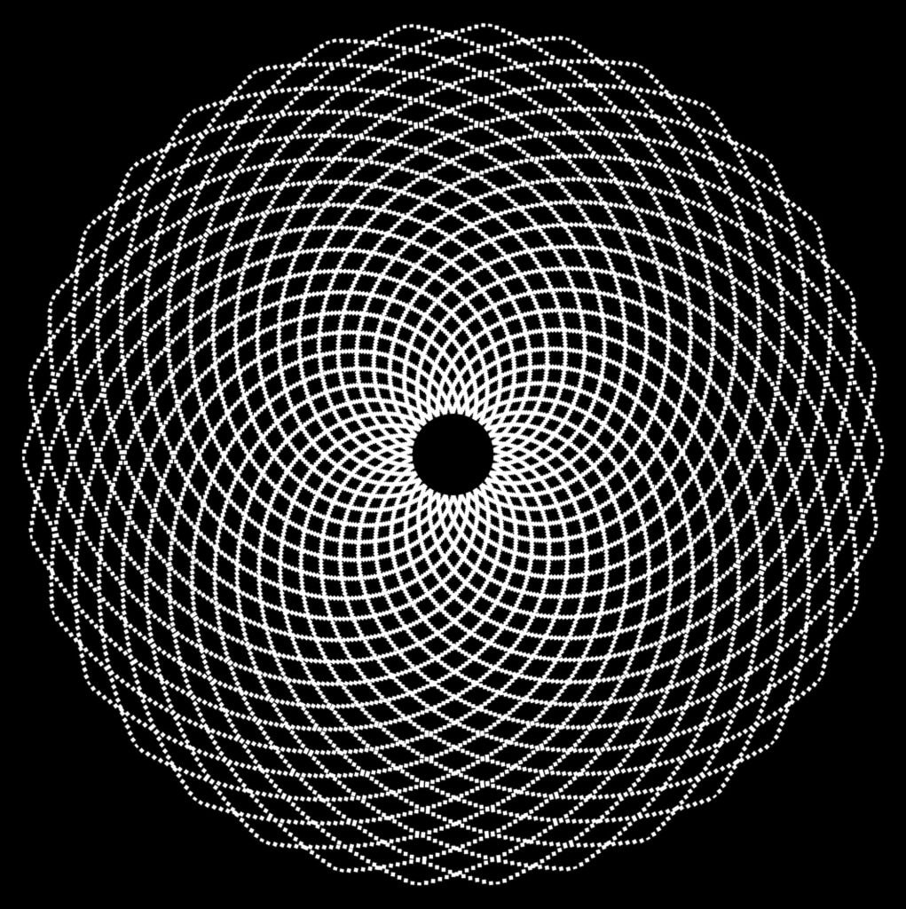 A circular pattern created by a series of interconnected concentric circles, with a central black dot. The design features white grid lines forming a spiral-like appearance against a black background.
