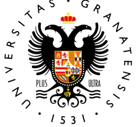 An emblem featuring a coat of arms with various elements: a red and gold shield, depicting a castle, a lion, and additional symbols. Above the shield is a crown. The background is black, emphasizing the colors of the emblem.