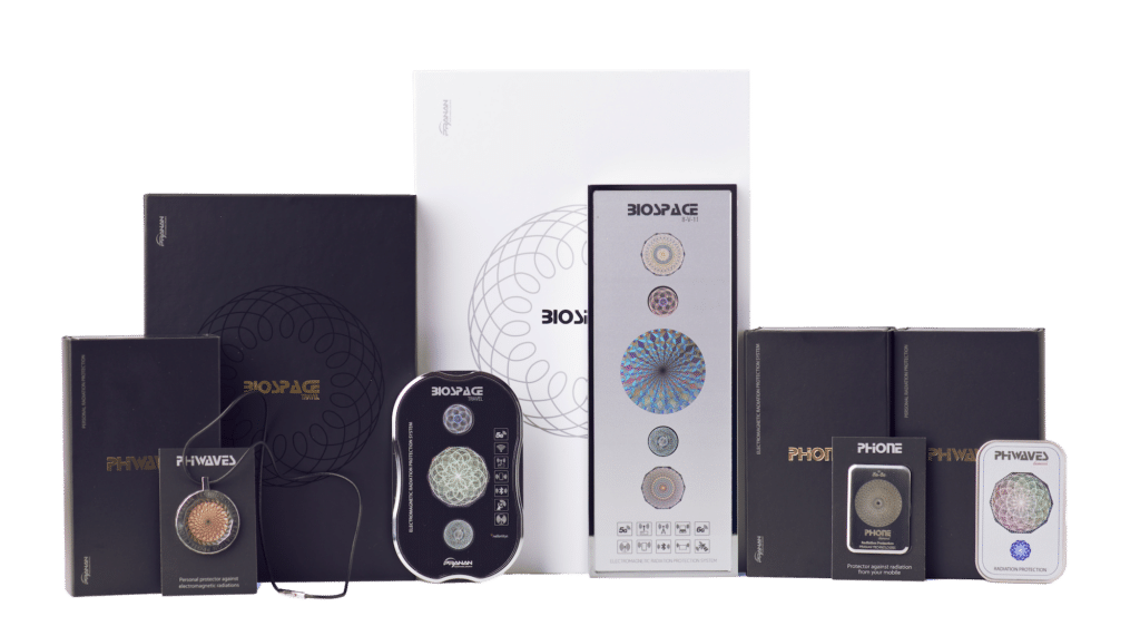 A collection of skincare products displayed on a white background. The arrangement includes various black and silver boxes and containers, along with a pamphlet showcasing product details. Labels with 'BIOPAGE' and 'PHOWAVE' are visible on the packages.