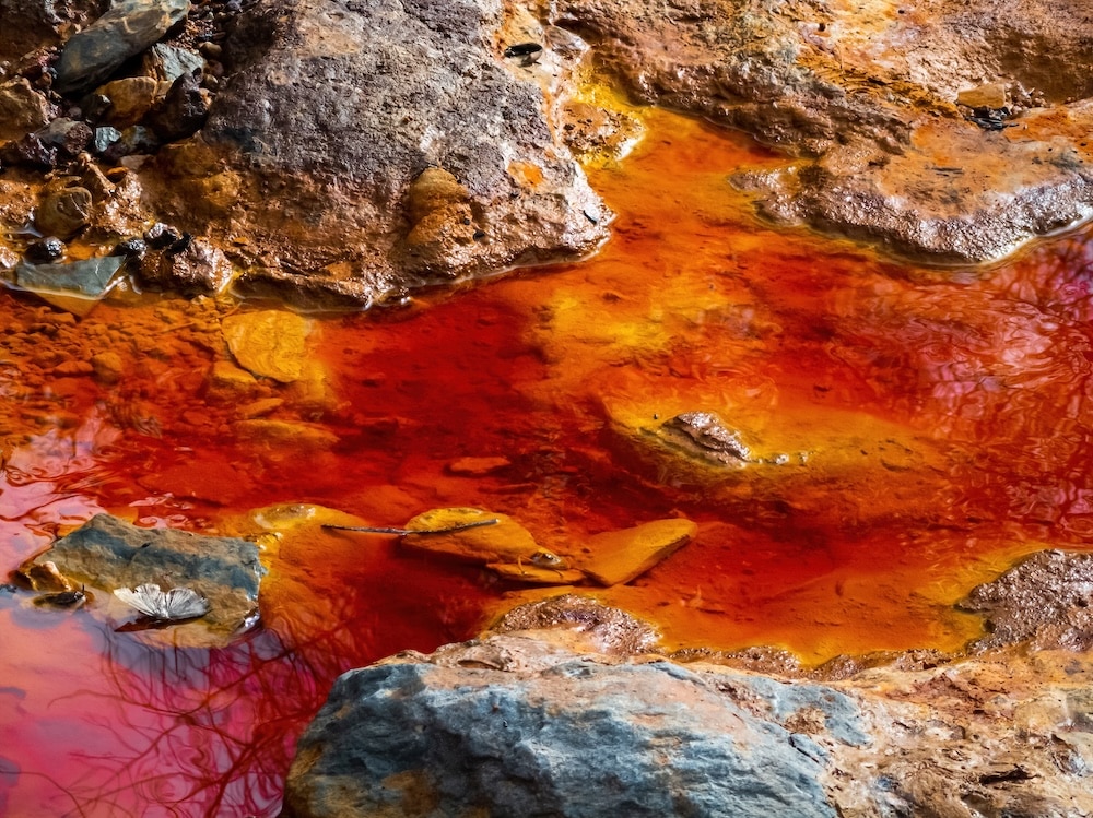 A close-up view of rocky terrain featuring a shallow pool of reflective orange-red water. The area consists of various sizes of gray rocks, with some vegetation visible in the background and branches partially reflected in the water's surface.