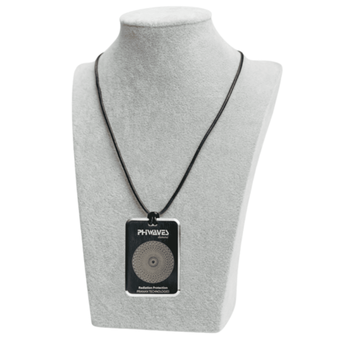 PhiWaves Pendant Diamond features a round pendant with a geometric pattern, hung on a black cord. The pendant is designed for radiation protection and showcases the PhiWaves logo prominently in silver and black colors.