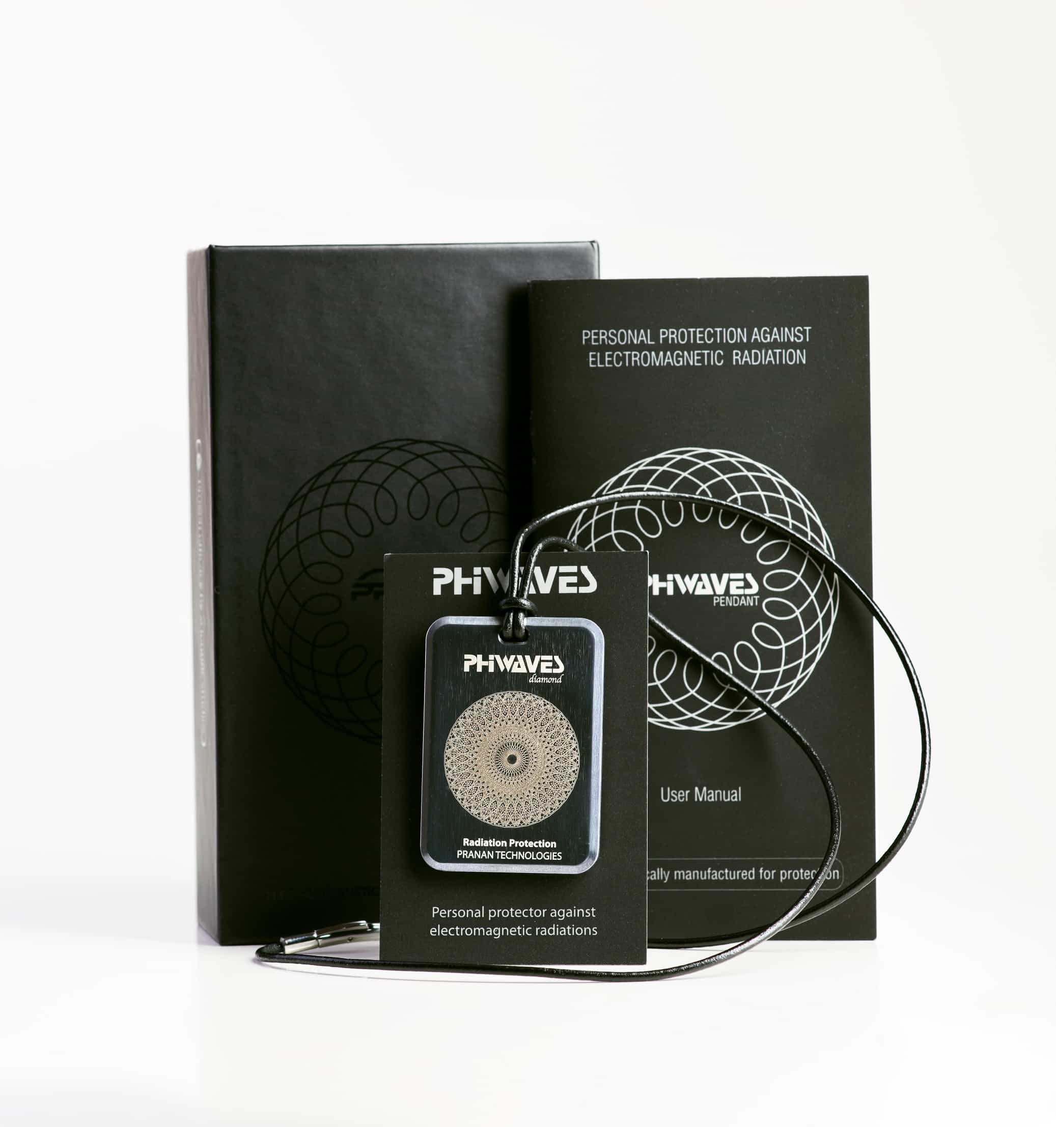PhiWaves Pendant Diamond displayed with a user manual, featuring a sleek design aimed at personal protection against electromagnetic radiation. The pendant is shown on a black cord, alongside a protective box.