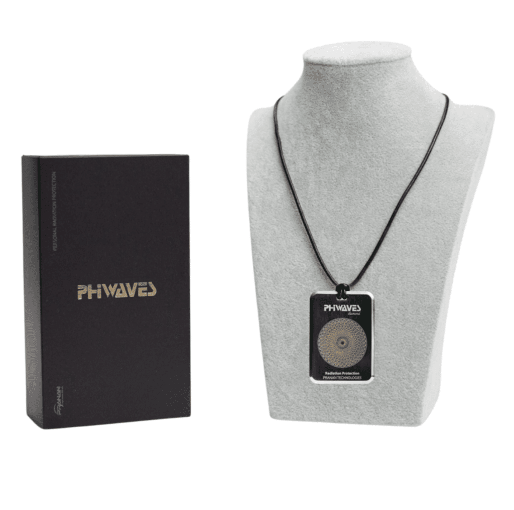 PhiWaves Pendant Diamond on a black cord, featuring a geometric design in gold and silver tones, displayed on a gray jewelry bust next to its black box with gold branding.