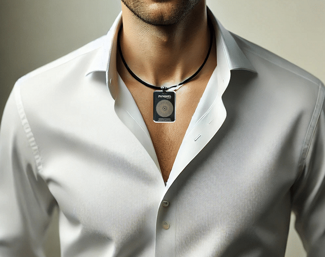 PhiWaves Pendant Diamond displayed on a black cord, worn around a man's neck. The pendant features a sleek rectangular design with a circular emblem, and the man is wearing a white dress shirt.