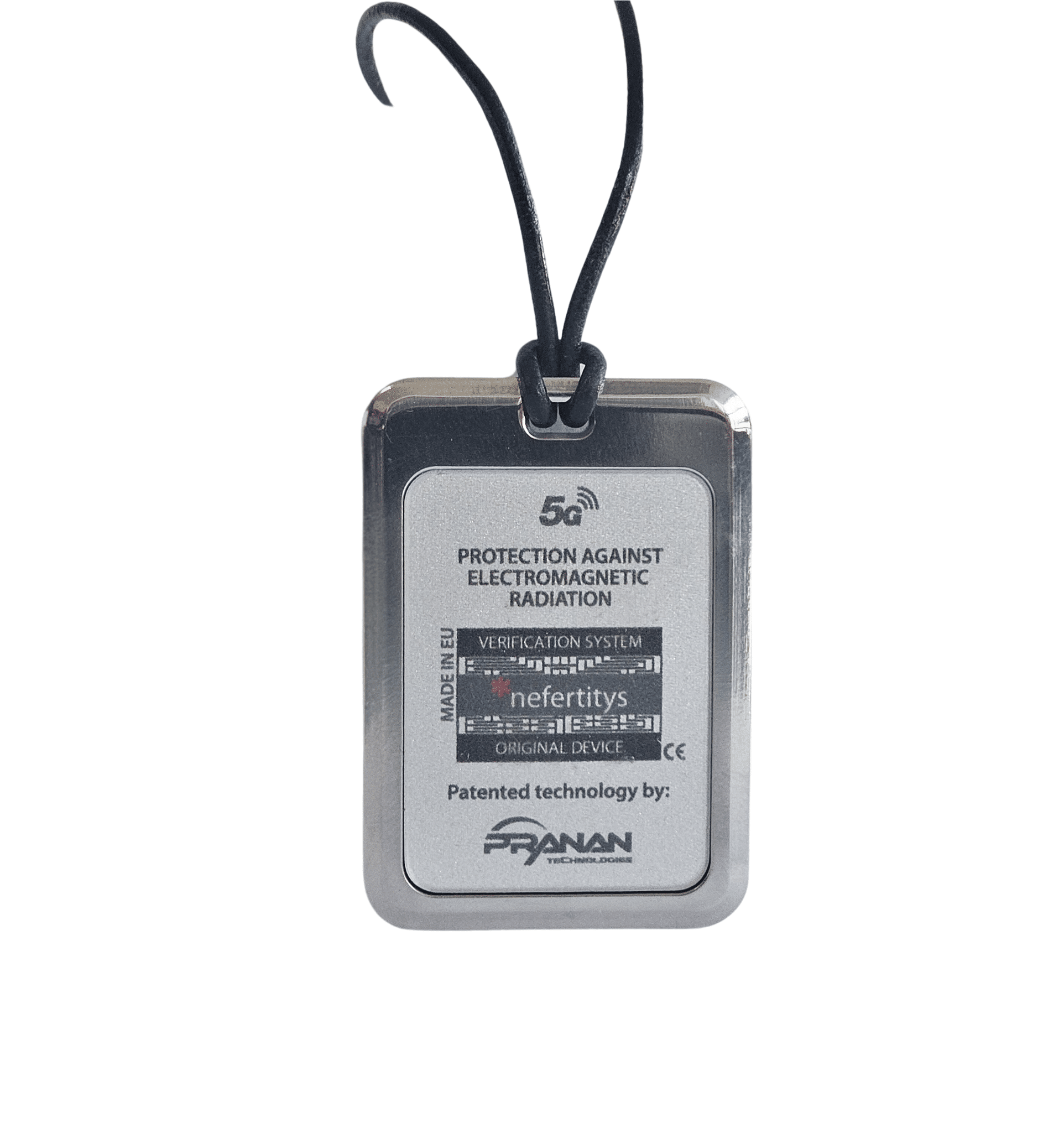 PhiWaves Pendant Diamond with a sleek silver finish, designed for protection against electromagnetic radiation. The pendant features a black cord for easy wearing, showcasing its patented technology for effective radiation protection.