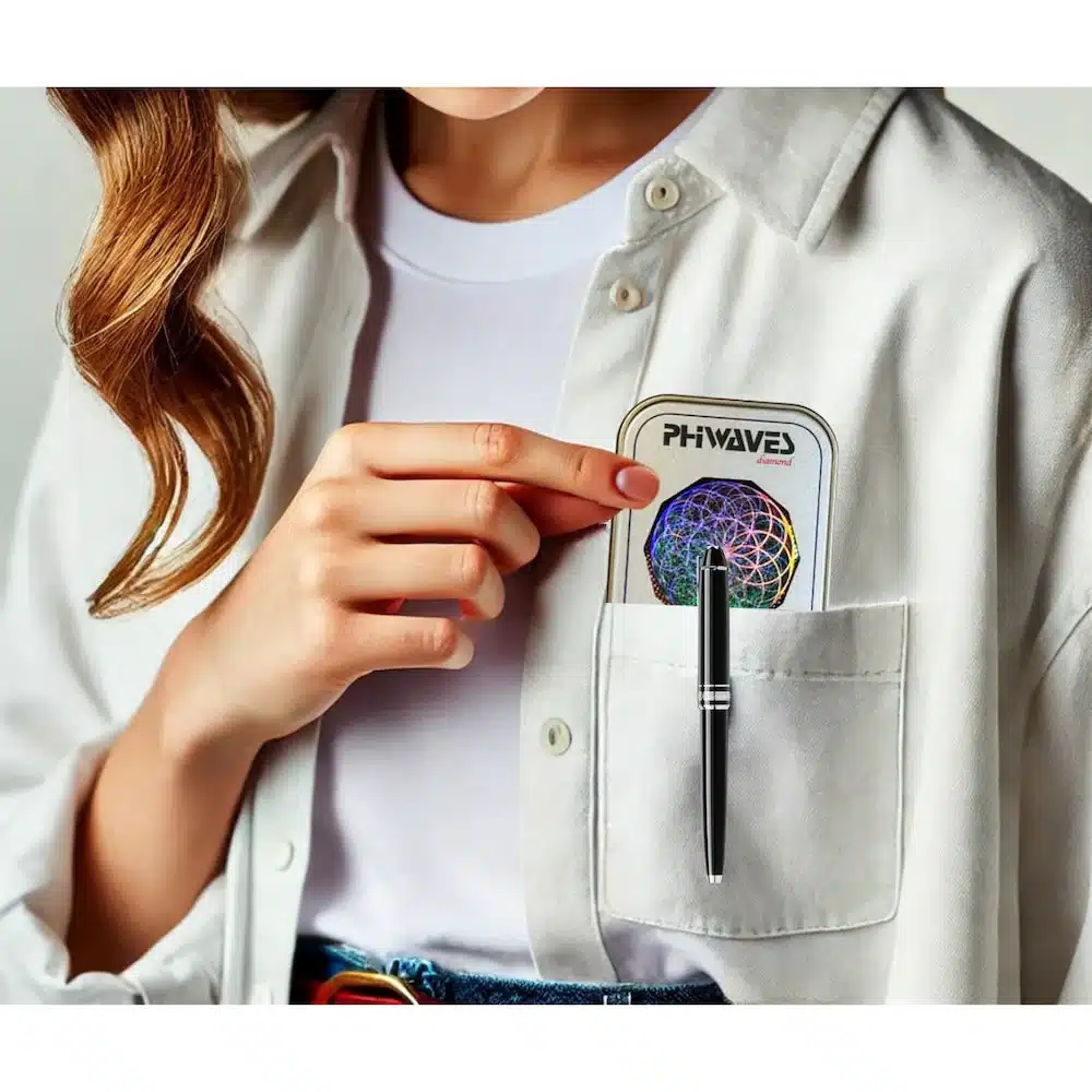 A person wearing a white button-up shirt is pointing to a card visible in their pocket. The card features a colorful design with the text "PH WAVES". A black pen is also placed in the shirt pocket.
