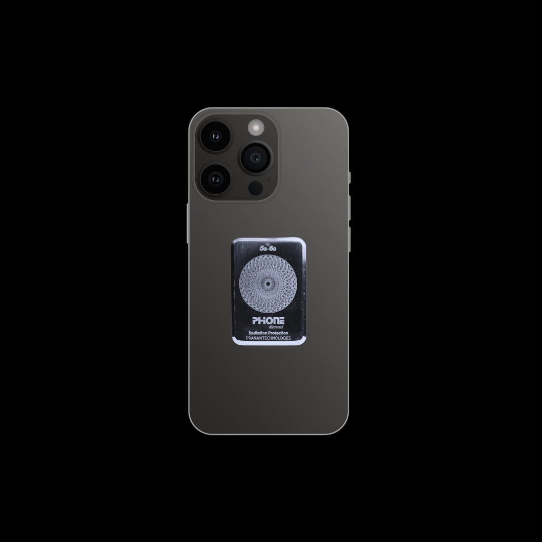 PhiOne Mobile Device Diamond featuring a black body with a sleek finish, displaying a distinctive round logo on the back. The design is minimalist, highlighting the unique branding and technology integrated into the device.