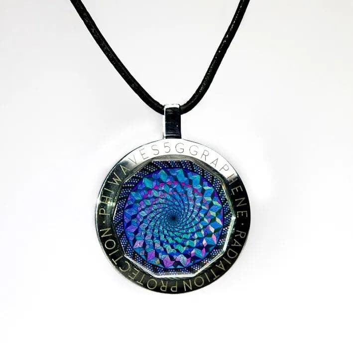 PhiWaves Jewel Diamond pendant featuring a spiral design in iridescent blue and green colors, encased in a silver-tone frame, on a black cord necklace. The pendant showcases a unique geometric pattern with text surrounding the edge.