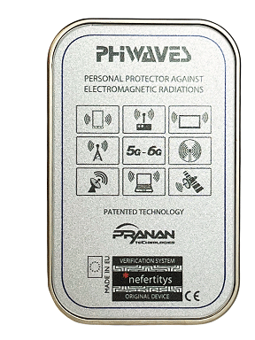PhiWaves Pocket Diamond in a silver tin case, designed as a personal protector against electromagnetic radiations. The case features icons indicating functionality related to electromagnetic fields and is labeled with patent information.