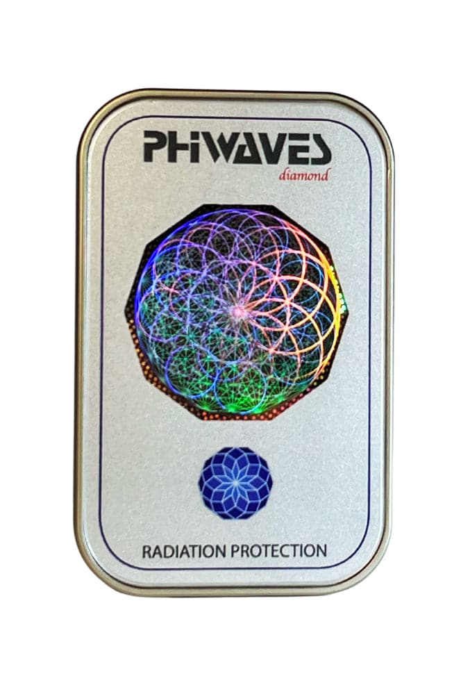 PhiWaves Pocket Diamond is a radiation protection device featuring a colorful geometric design on a silver tin. The image showcases the product's front with the brand name "PHIWAVES" prominently displayed at the top.
