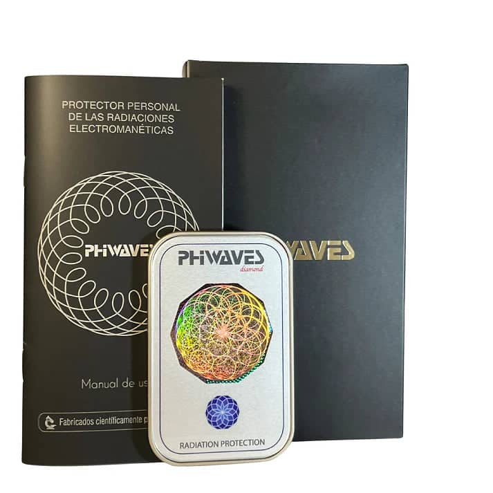 PhiWaves Pocket Diamond, a personal radiation protection device, displayed in a silver box with a colorful geometric design. The packaging includes a user's manual, featuring text in gold and black. Designed for electromagnetic radiation protection.