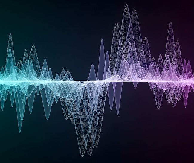 A digital visualization of sound waves, featuring a fluid, wavy pattern in shades of blue, turquoise, and purple. The background is dark, creating contrast with the light waves, which vary in height and amplitude, illustrating sound dynamics.