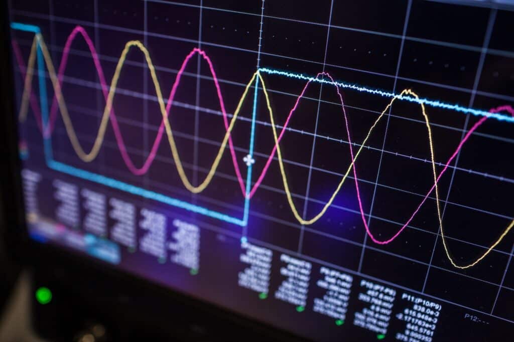 A close-up of a screen displaying a digital oscilloscope with multiple waveforms in pink, yellow, and blue colors. The background shows a grid pattern, and there are text labels indicating different parameters along the bottom of the screen.