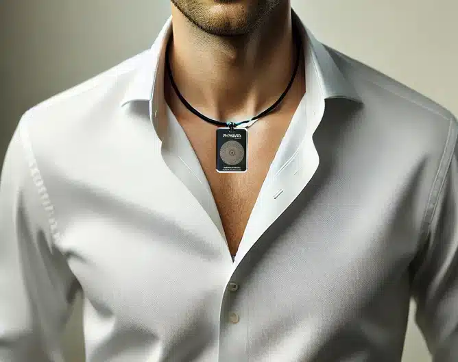 A close-up view of a man wearing a white button-up shirt, with the collar slightly open. He has a round pendant on a black cord necklace hanging visible against his chest.
